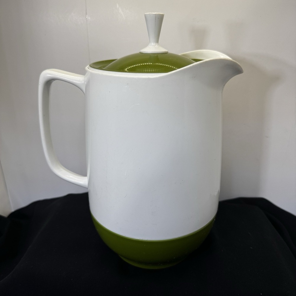 Vintage Avocado Thermos Insulated Ware Green White Pitcher Coffee Carafe Lid